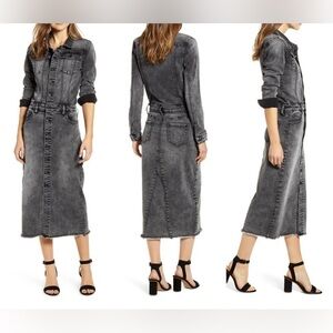 Wash Lab Long Sleeve Black Denim Dress Raw Hem Button Front Casual Size Small